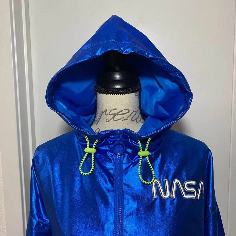 FOREVER 21 NASA Reflective Windbreaker Blue Metallic Hooded Jacket Size M - Picture 3 of 8